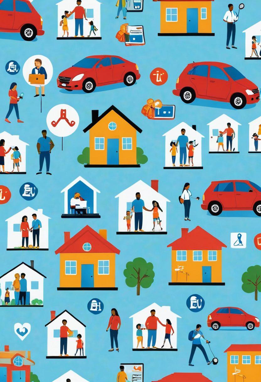 A modern digital marketplace scene showcasing a diverse group of people engaging with various online insurance platforms on their devices. Include illustrations of different insurance symbols (like home, auto, health) floating above them. Capture a sense of connection and clarity with bright, friendly colors and an organized layout. super-realistic. vibrant colors. white background.