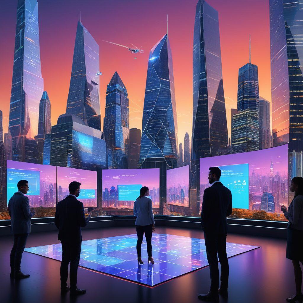 A futuristic digital landscape showcasing various insurance options as floating holographic panels, each displaying unique benefits and features. A diverse group of people are engaged in discussions, using smart devices to compare these options seamlessly. The background should feature a city skyline with skyscrapers and digital screens, illustrating a blend of technology and modern life. The overall atmosphere is vibrant and inviting, symbolizing clarity and ease in decision-making. super-realistic. vibrant colors. 3D.