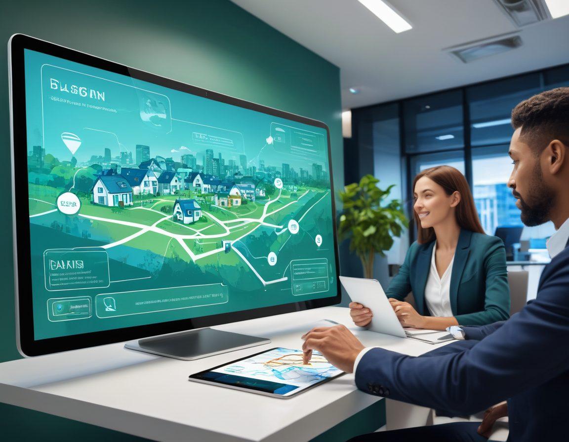 A modern digital map highlighting various icons representing insurance options, like houses and cars, interconnected by data lines. The scene should convey a sense of exploration and technology, featuring a user-friendly interface on a tablet in the foreground. Include a diverse group of people discussing and pointing at the map, showcasing collaboration in choosing insurance. The color palette should be vibrant with blues and greens, providing a fresh and inviting atmosphere. digital art. vibrant colors. futuristic style.
